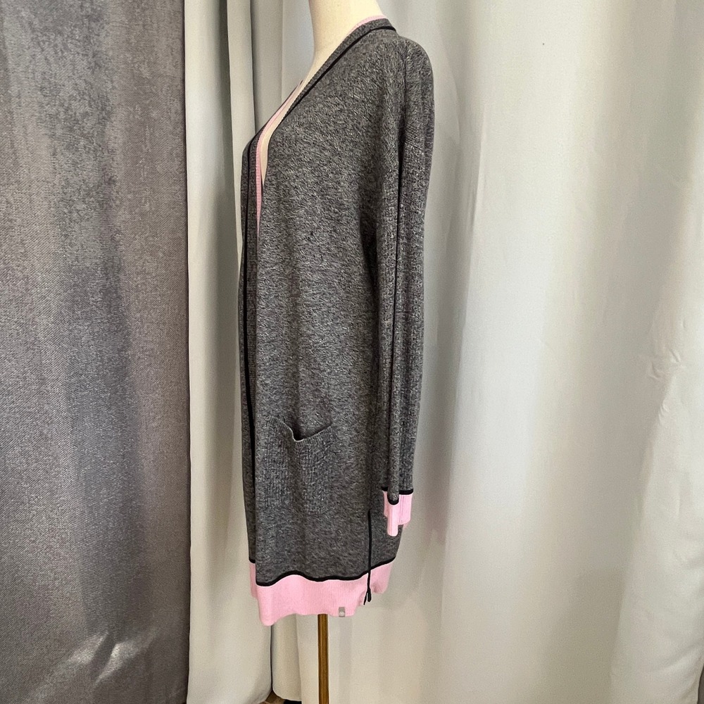 T by Talbots Cardigan‎ Women Large Gray Pink Trim Open Front Longline Loungewear - Picture 10 of 11